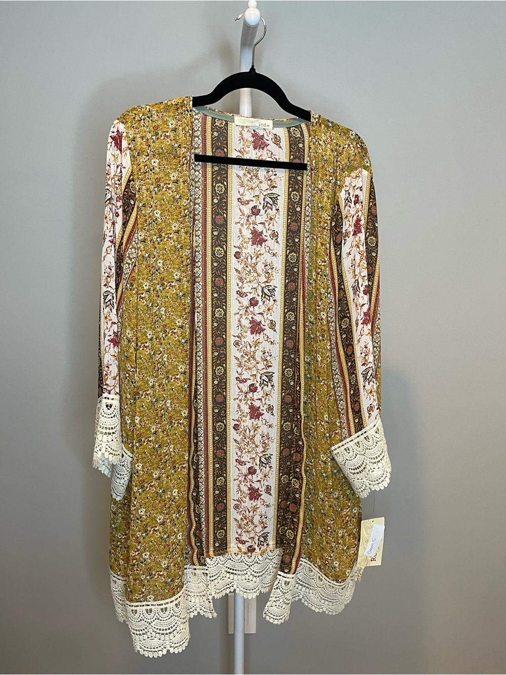Rewind Boho Floral Print Cover-Up in Mustard, Rust, and Cream w Lace Trim - XXL